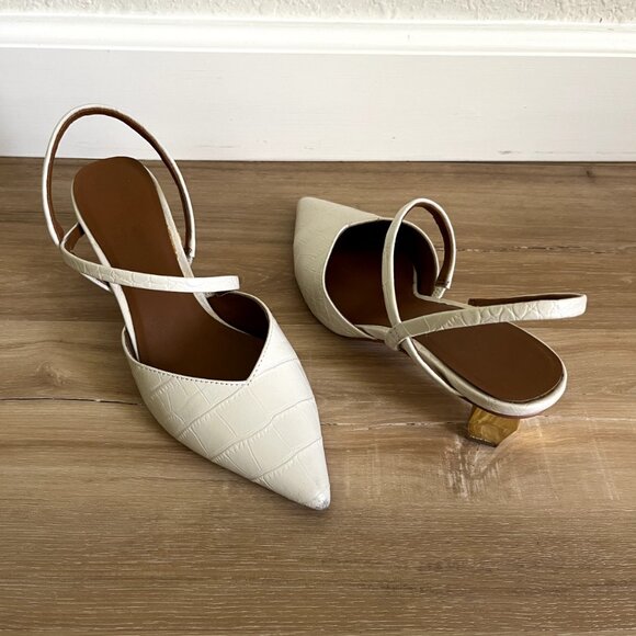 Kurt Geiger Della Beige Croc Print Pointed Toe Slingback High Heels - Picture 2 of 11